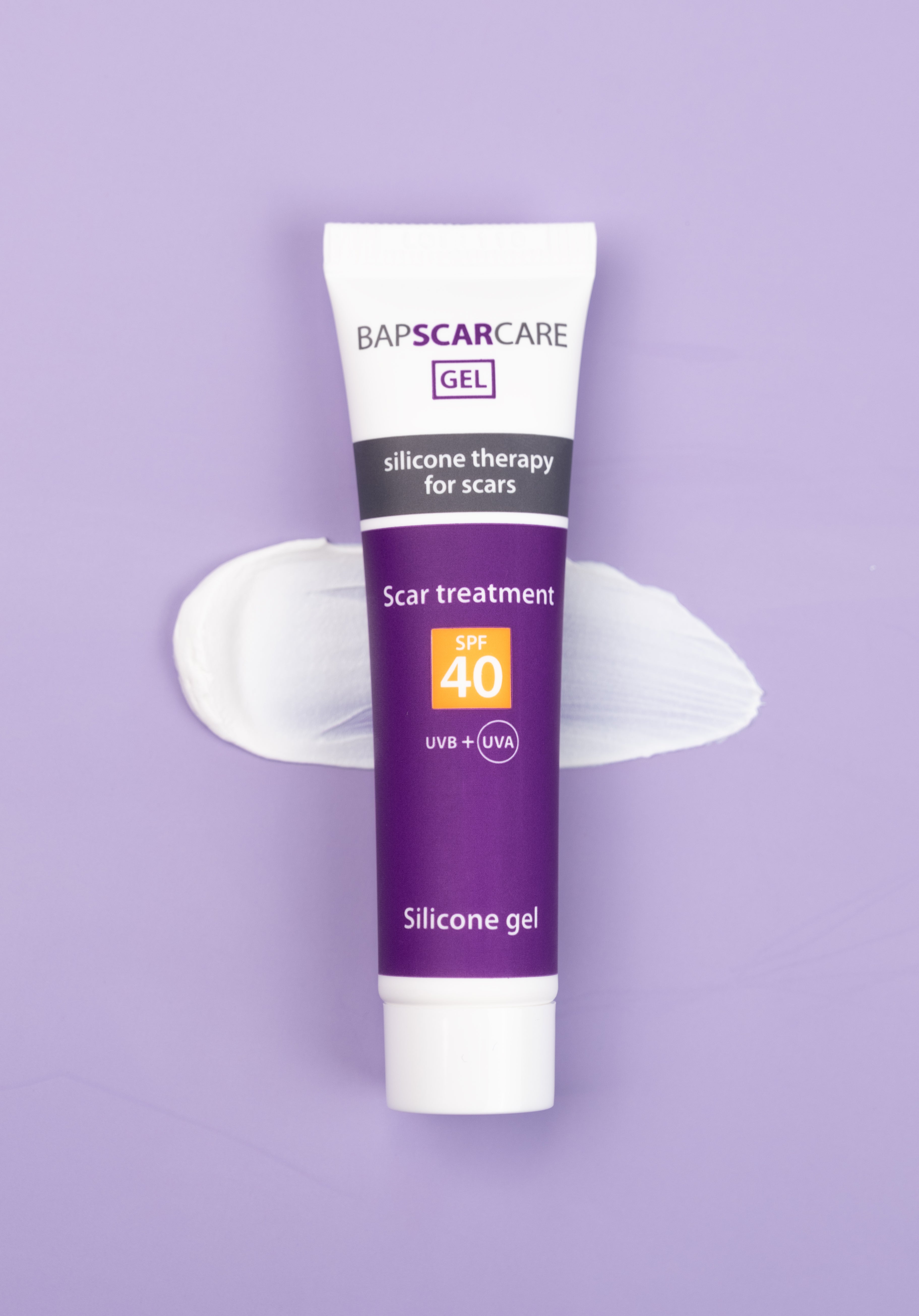 BAPSCARCARE silicone gel tube on a purple background