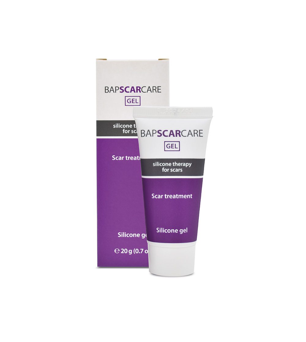 BAPSCARCARE scar treatment gel with packaging on a white background