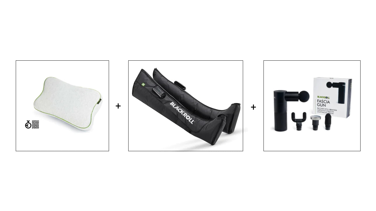 Recovery pillow, compression boots and massage gun
