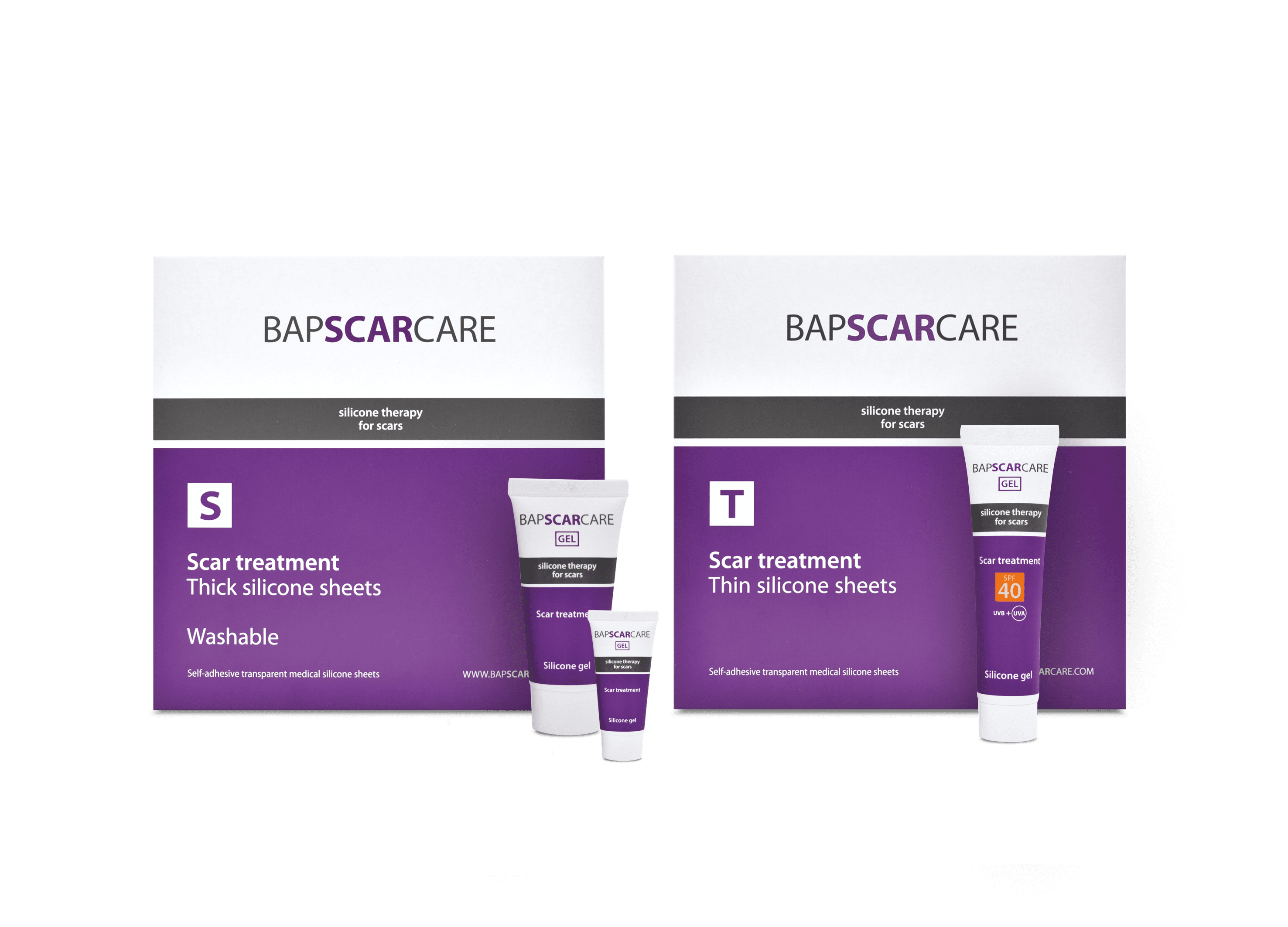 Scar treatment silicone sheets and silicone gel for scar therapy. Both SPF and non-SPF