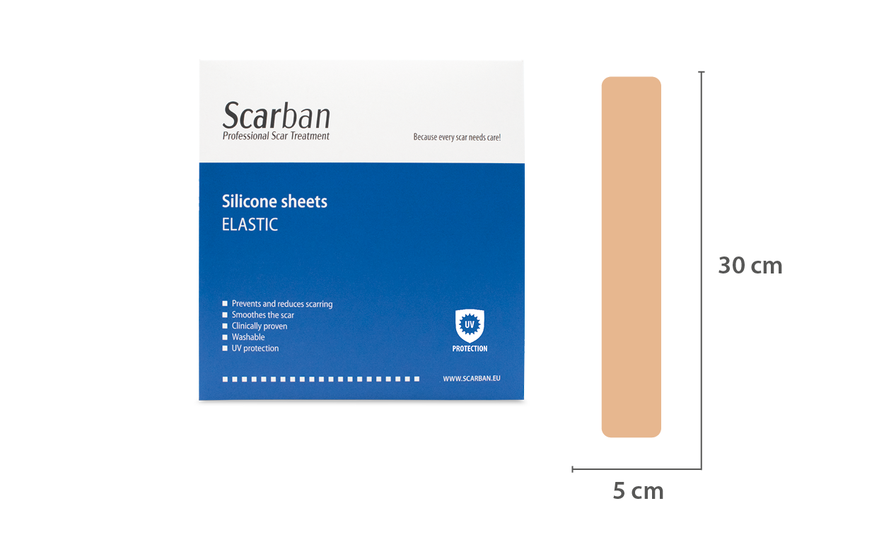 Packaging of Scarban Elastic Silicone Scar Sheets with product details.