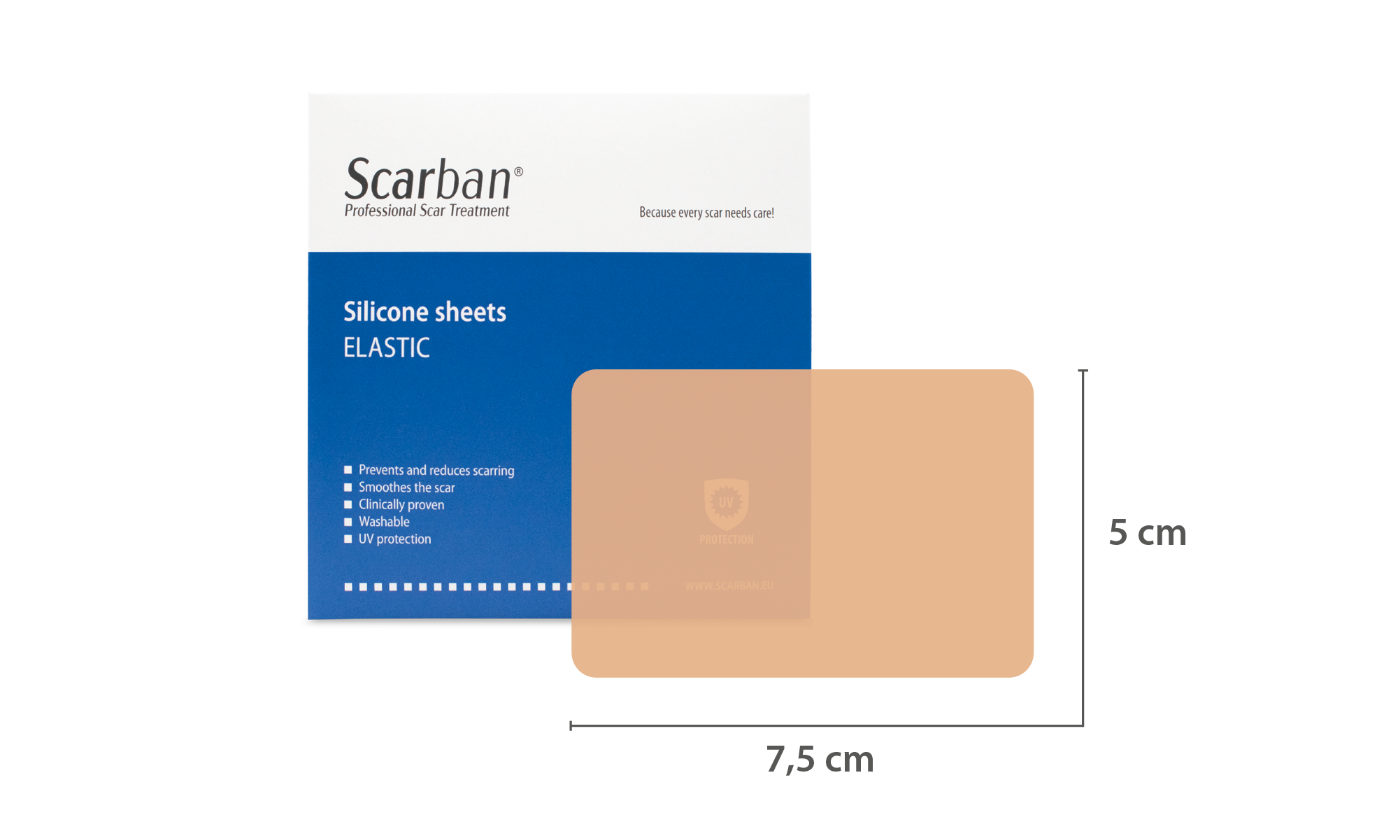Packaging of Scarban Elastic Silicone Scar Sheets with product details.