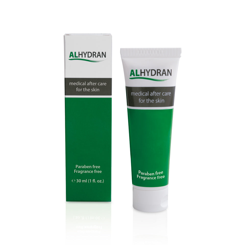 Close-up of ALHYDRAN scar cream 30ml tube on a white background