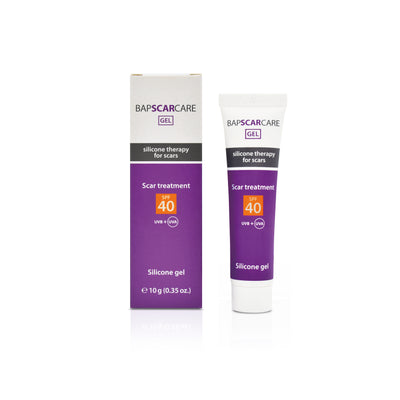Bapscar SPF40, tube and box of silicone scar therapy gels.