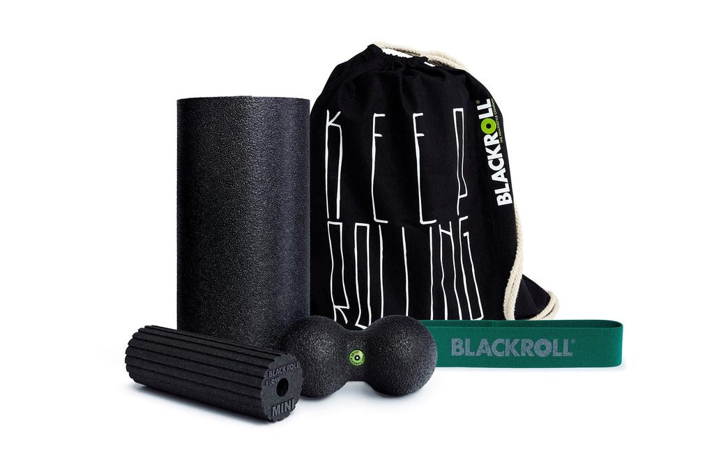 Blackroll home fitness set. Including foam rollers nz (mini and standard), gym bag, resistive band and duoball.