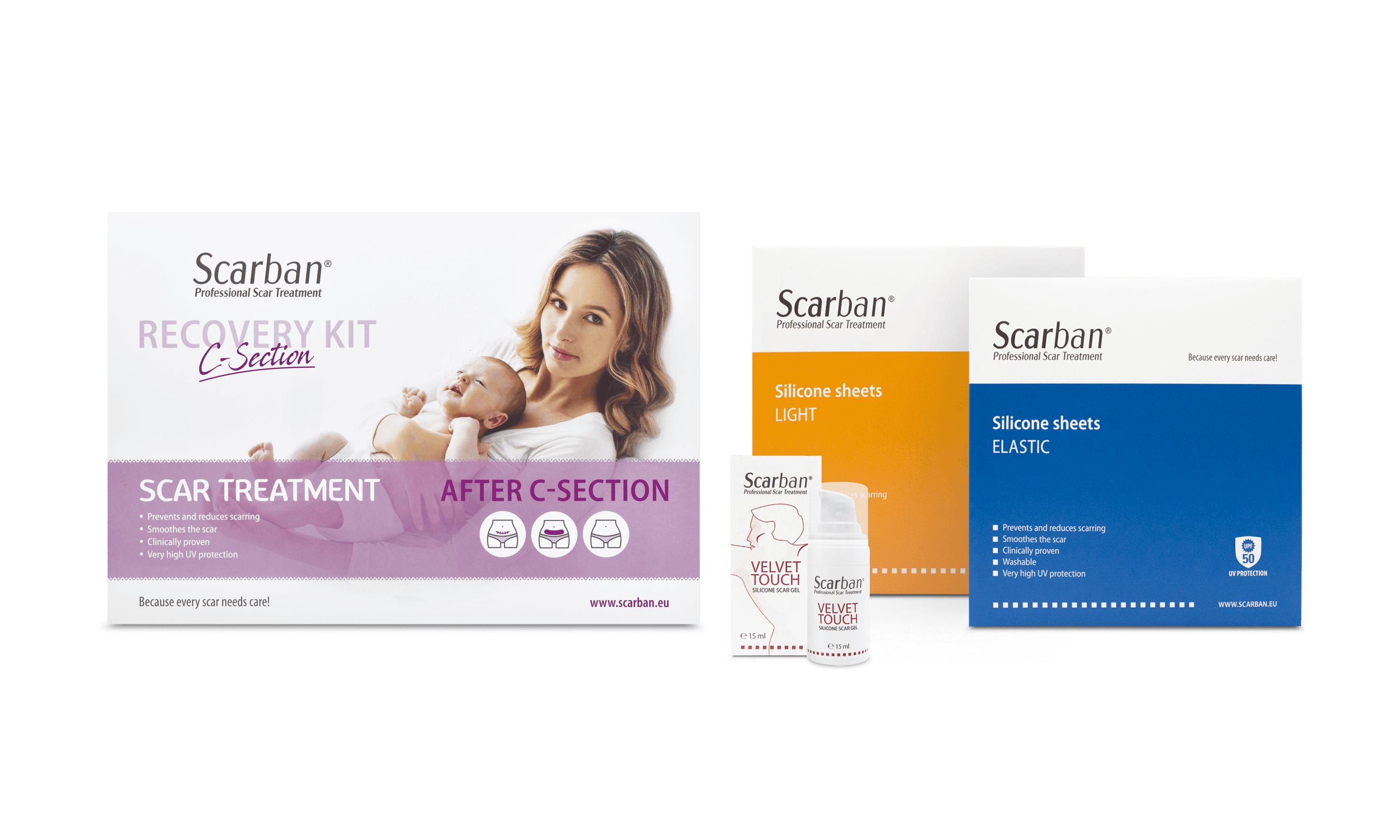 Collection of different Scarban products, including Silicone scar sheets and silicone gels