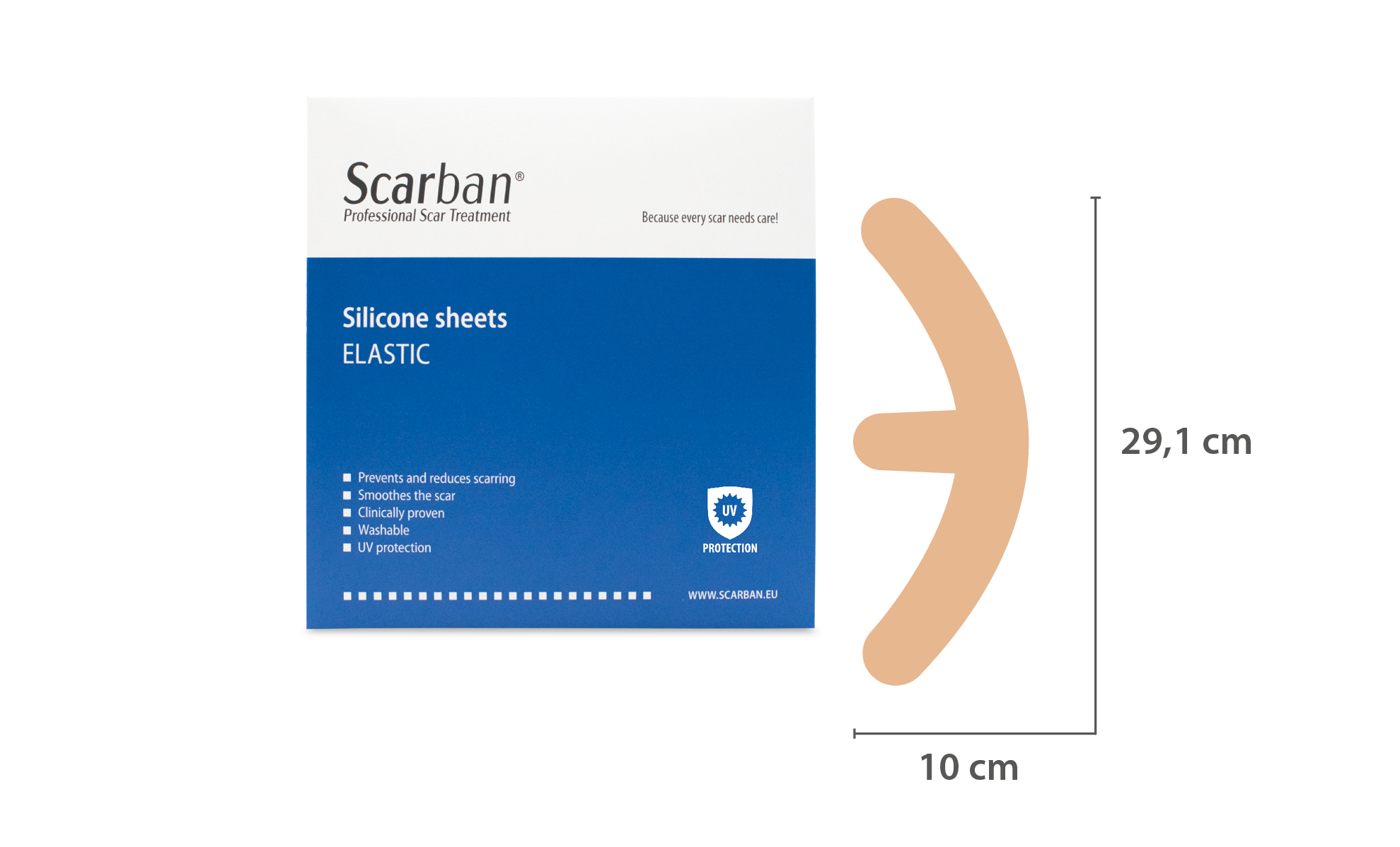 A box of Scarban Silicone sheets with an image of a silicone sheet anchor for scars.